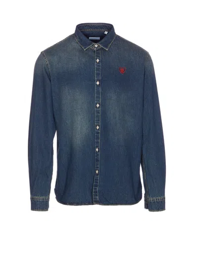 Family First Embroidered-heart Denim Shirt In Blue