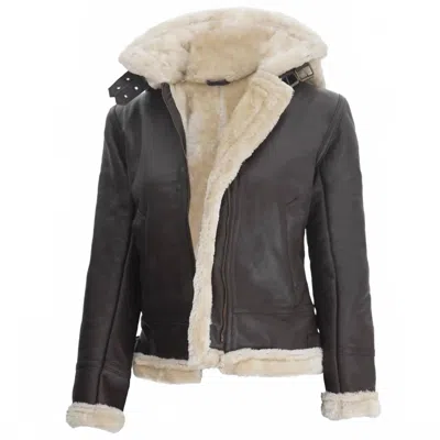 Fan Jackets Women's Genuine Leather Shearling Jacket In Brown In Black