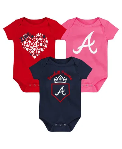 Fanatics Baby Boys And Girls  Navy, Red, Pink Atlanta Braves Three-pack Home Run Bodysuit Set In Navy,red