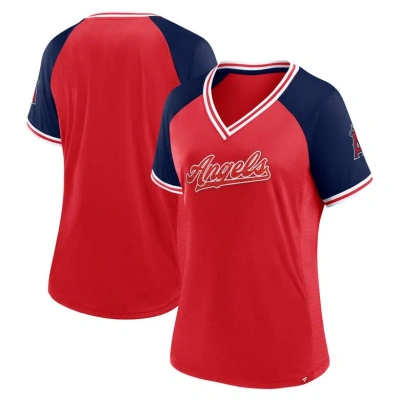 Fanatics Women's  Red Los Angeles Angels Glitz And Glam League Diva Raglan V-neck T-shirt