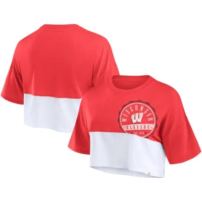 Fanatics Branded Red/white Wisconsin Badgers Oversized Badge Colorblock Cropped T-shirt
