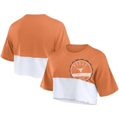 Fanatics Women's  Texas Orange, White Distressed Texas Longhorns Oversized Badge Colorblock Cropped T In Texas Orange,white