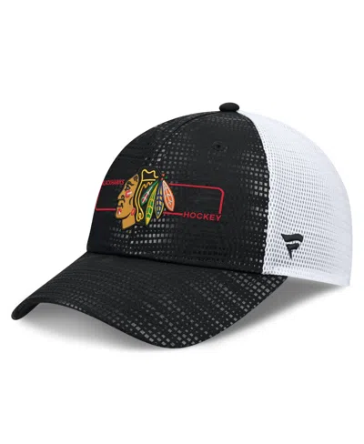 Fanatics Men's Black Chicago Blackhawks Authentic Pro Rink Boxed Logo Trucker Hat In Black,white