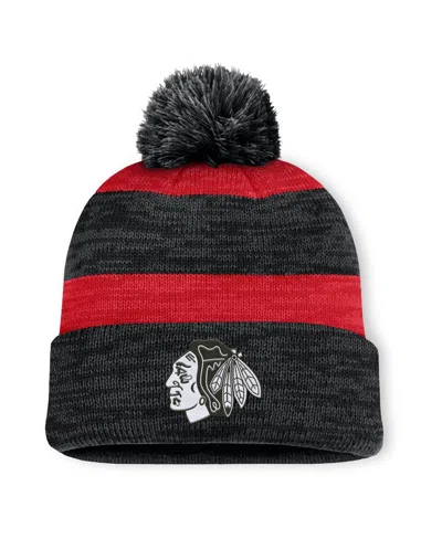 Fanatics Men's Black Chicago Blackhawks Fundamental Red Line Cuffed Knit Hat With Pom