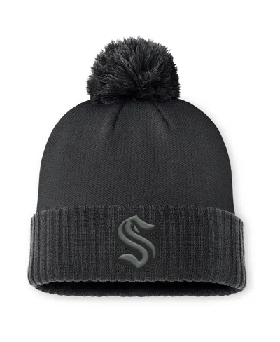 Fanatics Men's Black Seattle Kraken Authentic Pro Road Cuffed Knit Hat With Pom
