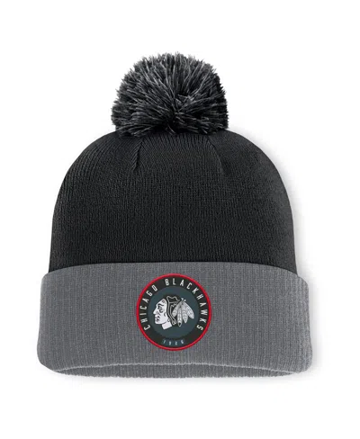 Fanatics Men's Black/charcoal Chicago Blackhawks Cuffed Knit Hat With Pom In Black,charcoal