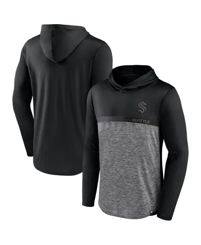 Fanatics Men's Black/heather Charcoal Seattle Kraken Iconic Defender Pullover Hoodie In Multi
