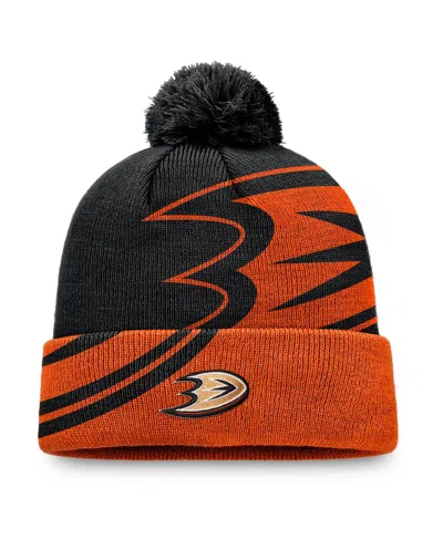 Fanatics Men's Black/orange Anaheim Ducks Block Party Cuffed With Pom Knit Hat In Black,orange