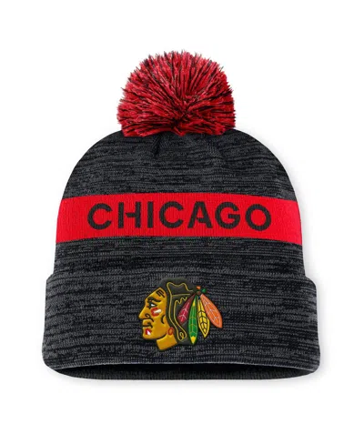Fanatics Men's Black/red Chicago Blackhawks Authentic Pro Rink Cuffed With Pom Knit Hat In Black,red
