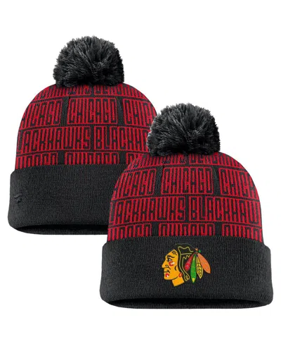Fanatics Men's Black/red Chicago Blackhawks Fundamental Empty Net Cuffed Knit Hat With Pom In Black,red