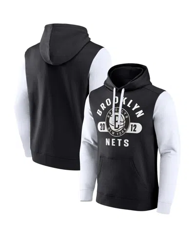 Fanatics Men's Black/white Brooklyn Nets Attack Colorblock Pullover Hoodie In Black,white