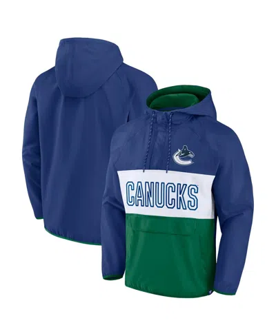 Fanatics Men's Blue/green Vancouver Canucks Backhand Shooter Defender Anorak Raglan Hoodie Quarter-zip Jacket In Blue,green