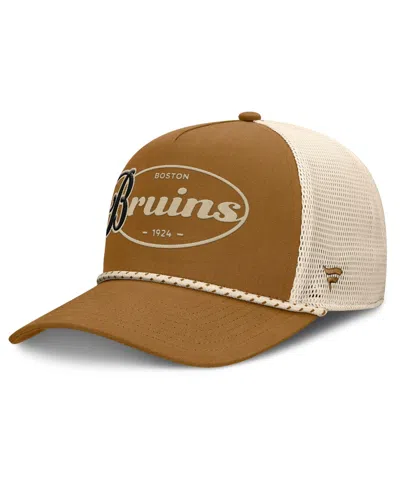Fanatics Men's Brown/cream Boston Bruins Heritage Fetch A-frame Trucker Adjustable Hat In Multi