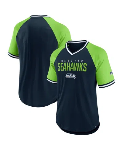 Fanatics Men's College Navy/neon Green Seattle Seahawks Hashmark Raglanâ T-shirt In Blue