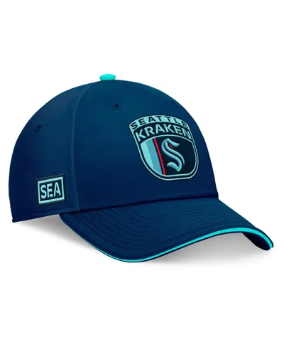 Fanatics Men's Deep Sea Blue Seattle Kraken 2024 Nhl Draft On Stage Trucker Adjustable Hat In Navy,light Blue