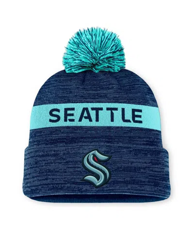 Fanatics Men's Deep Sea Blue/light Blue Seattle Kraken Authentic Pro Rink Cuffed With Pom Knit Hat In Navy,light Blue