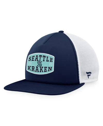 Fanatics Men's Deep Sea Blue/white Seattle Kraken Foam Front Patch Trucker Snapback Hat In Navy,white