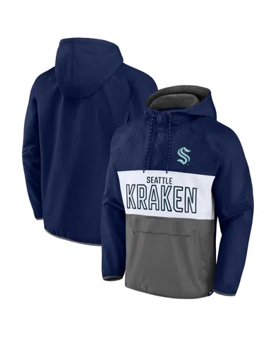 Fanatics Men's  Deep Sea Blue, Gray Seattle Kraken Backhand Shooter Defender Anorak Raglan Hoodie Qua In Navy