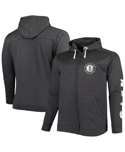Fanatics Men's  Heathered Black Brooklyn Nets Big And Tall Down And Distance Full-zip Hoodie