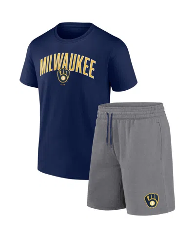 Fanatics Men's  Navy, Heather Gray Milwaukee Brewers Arch T-shirt And Shorts Combo Set In Navy,heather Gray