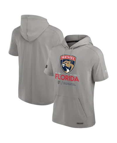 Fanatics Men's Gray Florida Panthers 2024 Stanley Cup Final Authentic Pro Fleece Short Sleeve Pullover Hoodie