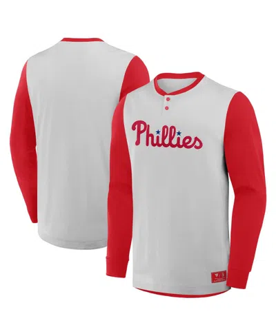 Fanatics Men's Gray/red Philadelphia Phillies Clubhouse Long Sleeve Henley T-shirt In Gray,red