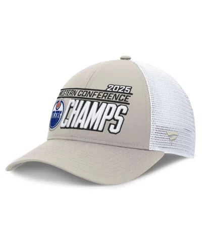 Fanatics Men's Gray/white Edmonton Oilers 2025 Nhl Western Conference Champions Locker Room Adjustable Hat