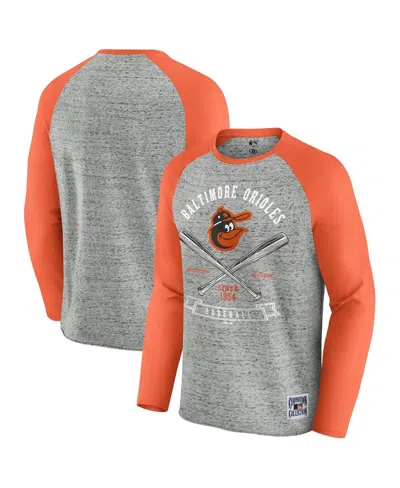 Fanatics Men's Heather Gray Baltimore Orioles Raw Edge Raglan Long Sleeve Baseball T-shirt