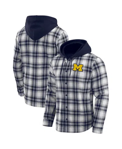 Fanatics Men's Navy Michigan Wolverines Plaid Flannel Quilted Full-snap Hooded Shacket In Blue