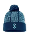 Fanatics Men's Navy/light Blue Seattle Kraken Fundamental Empty Net Cuffed Knit Hat With Pom In Navy,light Blue