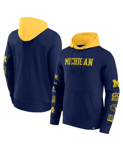 Fanatics Men's Navy/maize Michigan Wolverines Color Block Badge Fleece Pullover Hoodie In Navy,maize