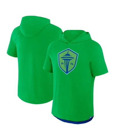 Fanatics Men's Rave Green Seattle Sounders Fc Hat Trick Stadium Slub Raglan Short Sleeve Pullover Hoodie T-sh
