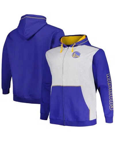 Fanatics Men's Royal/heather Gray Golden State Warriors Big Tall Contrast Pieced Stitched Full-zip Hoodie In Royal,heather Gray