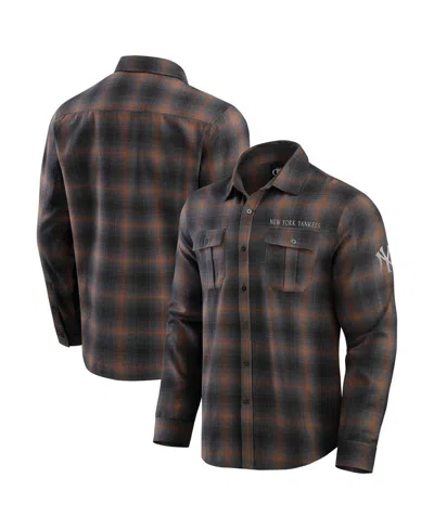 FANATICS MEN'S TAN/CHARCOAL NEW YORK YANKEES CLASSIC FLANNEL LONG SLEEVE BUTTON-UP SHIRT
