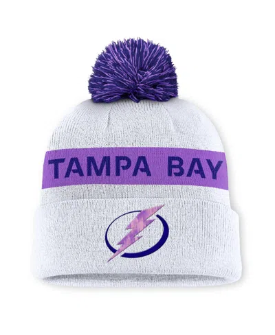 Fanatics Men's White Tampa Bay Lightning Hockey Fights Cancer Cuffed With Pom Knit Hat