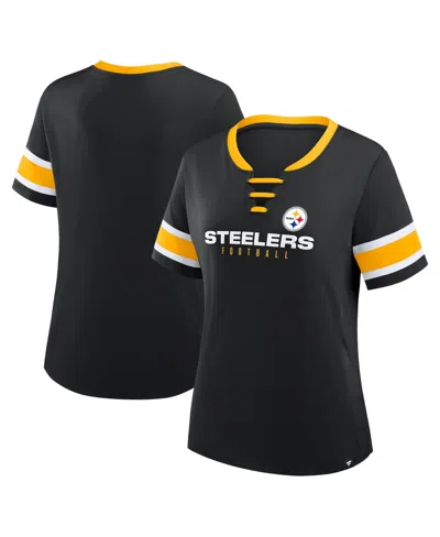 Fanatics Plus Size Pittsburgh Steelers Red Zone Athena Lace-up V-notch Neck T-shirt In Black
