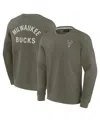 Fanatics Signature Mens And Women Olive Milwaukee Bucks Super Soft Pullover Crew Sweatshirt In Olive