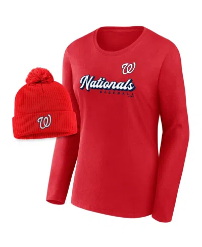 Fanatics Women's 2-piece Red Washington Nationals Run The Bases Long Sleeve T-shirt And Cuffed Knit Hat With 