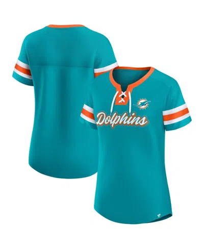 Fanatics Women's Aqua Miami Dolphins True Catch Iconic Rhinestone Bling Athena Lace-up T-shirt In Blue