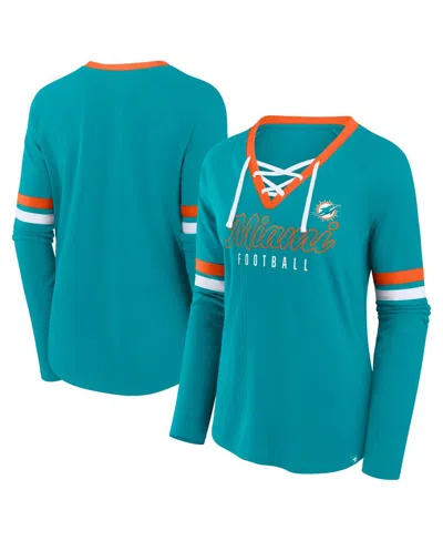 Fanatics Women's Aqua Miami Dolphins Won And Done Lace-up Long Sleeve Fashion Top In Blue