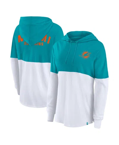 Fanatics Women's Aqua/white Miami Dolphins Backup Option Long Sleeve Hoodie T-shirt In Aqua,white