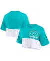Fanatics Women's Aqua/white Miami Dolphins Boxy Color Split Cropped T-shirt In Aqua,white