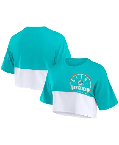 Fanatics Women's Aqua/white Miami Dolphins Boxy Color Split Cropped T-shirt In Aqua,white
