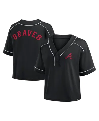 Fanatics Women's Black Atlanta Braves Oversized Champ Game Midi Cropped V-neck T-shirt