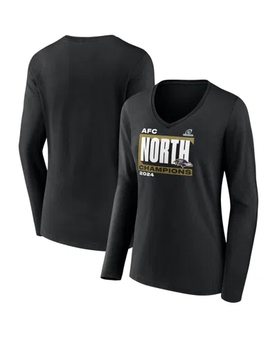 Fanatics Women's Black Baltimore Ravens 2024 Afc North Division Champions Conquer Long Sleeve V-neck T-shirt