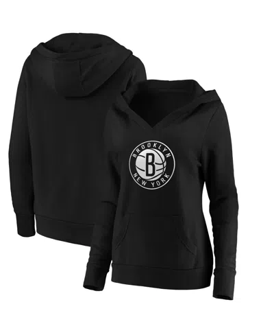 Fanatics Women's Black Brooklyn Nets Primary Logo V-neck Pullover Hoodie
