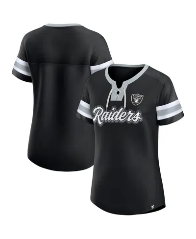 Fanatics Women's Black Las Vegas Raiders True Catch Iconic Rhinestone Bling Athena Lace-up T-shirt