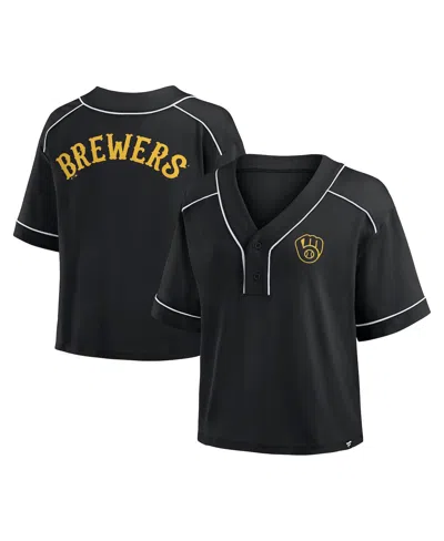 Fanatics Women's Black Milwaukee Brewers Oversized Champ Game Midi Cropped V-neck T-shirt