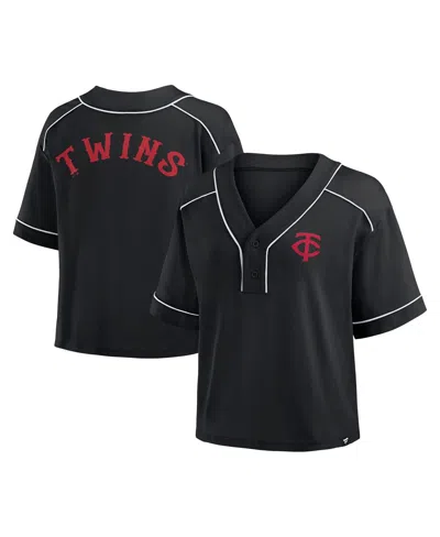 Fanatics Women's Black Minnesota Twins Oversized Champ Game Cropped V-neck T-shirt