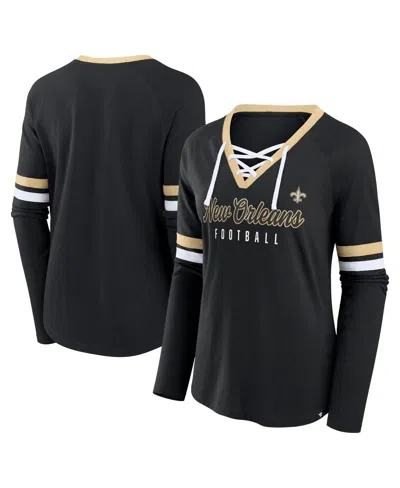 Fanatics Women's Black New Orleans Saints Won And Done Lace-up Long Sleeve Fashion Top In Black,gold
